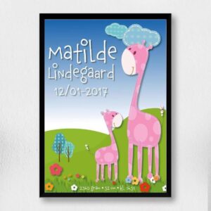 Fødselsplakat | Lyserøde Giraffer A4