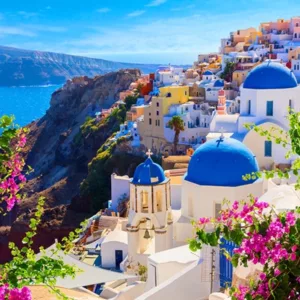Santorini View With Flowers