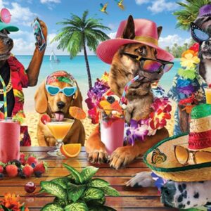 Dogs Drinking Smoothies On Tropical Beach
